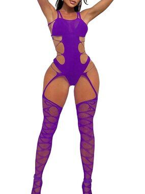 Women's Purple Casual Sparkle Rhinestone Fishnet Sleeveless Lingerie Sets